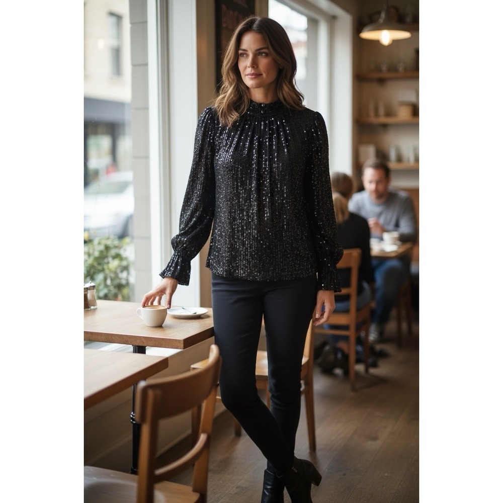 1.STATE Women's Black Drape Back Sequin Blouse Top Size 2X